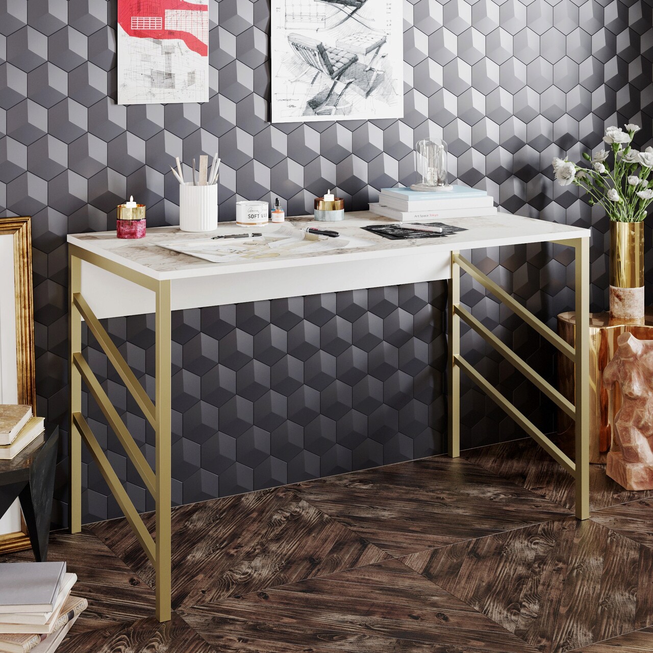 Birou, Hanah Home, Tuna, 120x75x60 cm, Aur/Alb - imagine 6